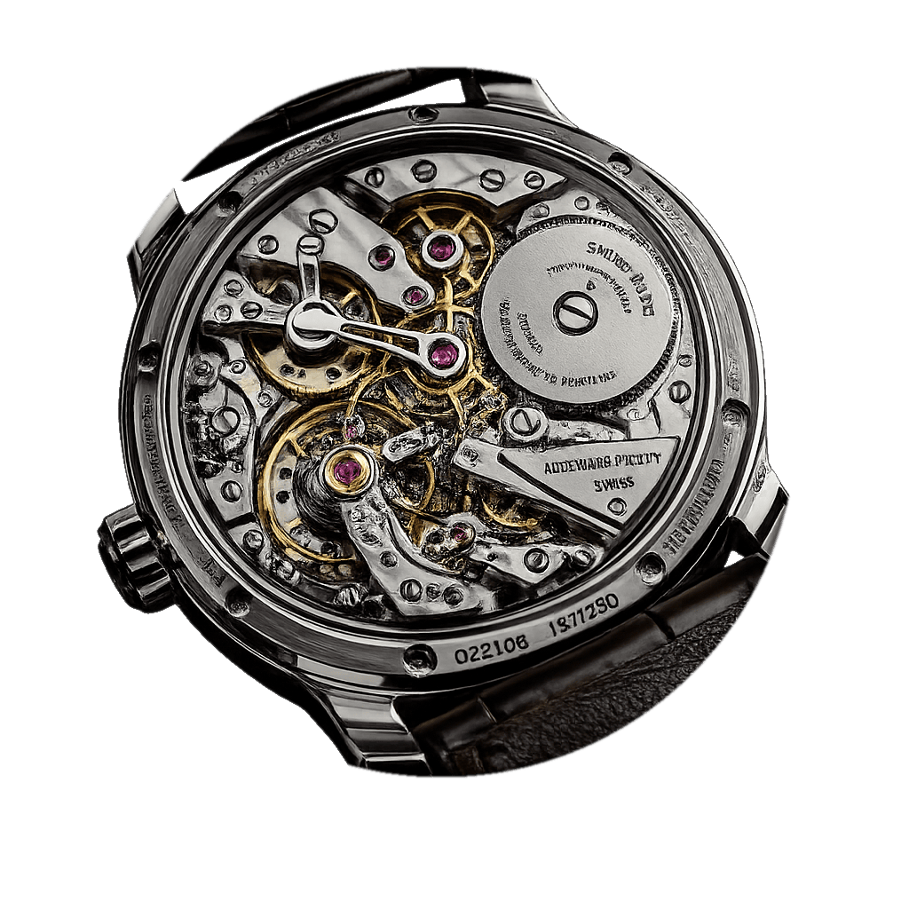 Site WordPress Genève montre luxe : mouvement squelette d'une montre suisse haut de gamme, symbole du soin d'horloger de sitewordpress.ch